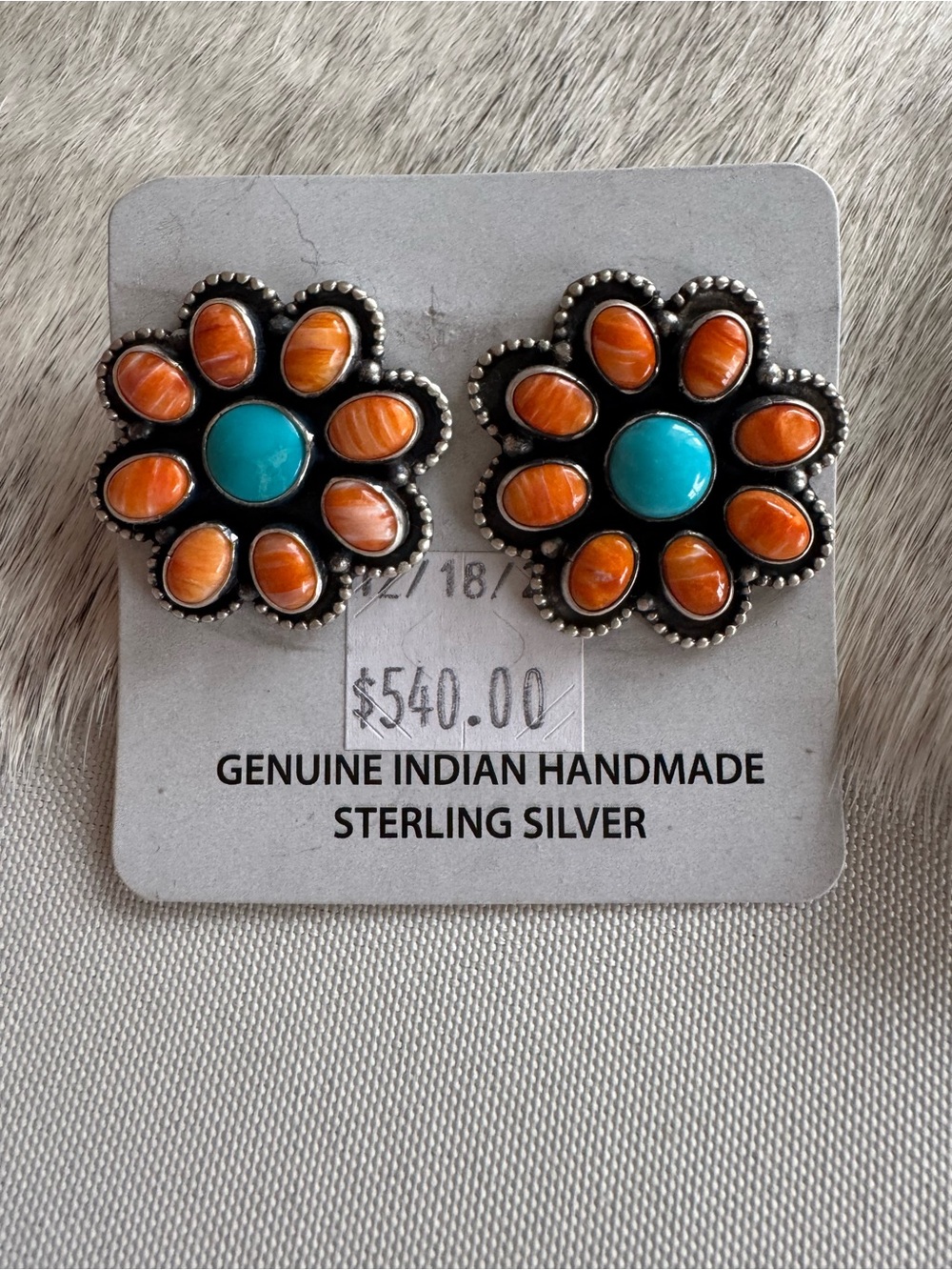 Navajo Sterling Silver Flower Earrings with Turquoise & Orange Spiny